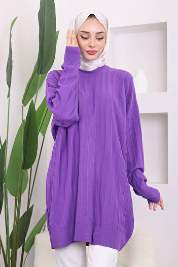 İmajButik Mor Bisiklet Yaka Merserize Salaş Triko Tunik