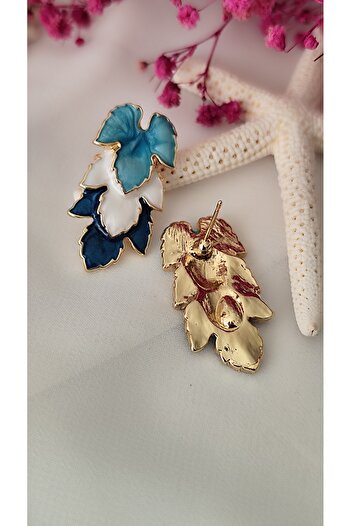 İPAR AKSESUAR Three Leaves Metal Gold Turquoise Earring