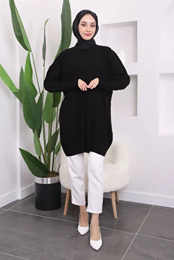 İmajButik Black Crew Neck Mercerized Casual Knitwear Tunik