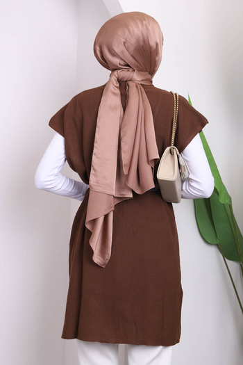 İmajButik Brown V-Neck Slit Selanik Knitwear Sweater