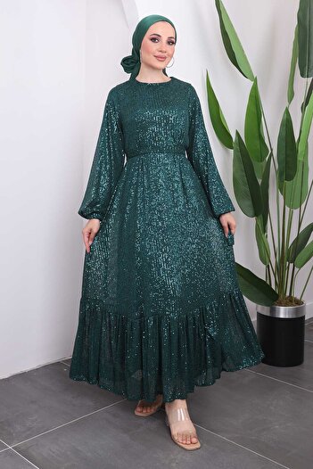 İmajButik Σμαραγδένια Πράσινη Γραβάτα Βραδινό Φόρεμα με παγιέτες