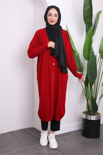 İmajButik Red Buttoned Long Knitwear Mercerized Cardigan
