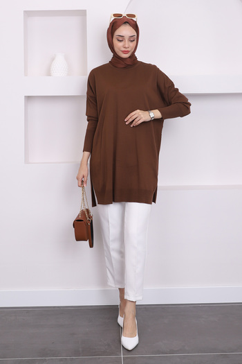 İmajButik Καφέ Crew Neck Mercerized Casual Knitwear Tunic