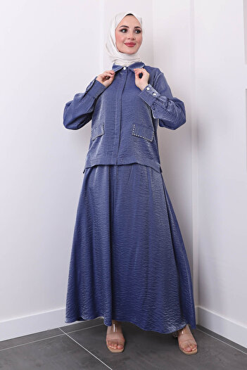 İmajButik Indigo Shirt and Skirt Set - Stone Detailed