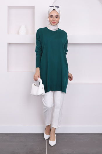 İmajButik Emerald Green Crew Neck Mercerized Casual Knitwear τουνίκ