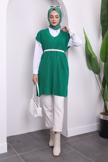 İmajButik Green V-Neck Slit Selanik Knitwear Sweater