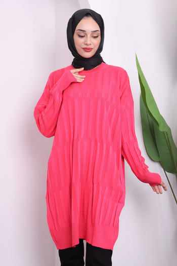 İmajButik Light Fuchsia Crew Neck Mercerized Casual Knitwear Tunik