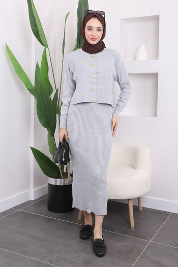 İmajButik Γκρι Crop Ζακέτα Φόρεμα Διπλό Συνδυαστικό Πλεκτό Σετ