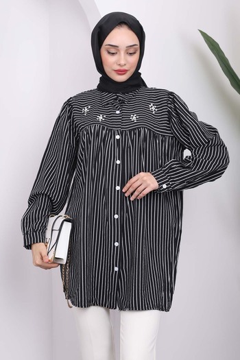 İmajButik Black Striped Tunic with Stone Detail