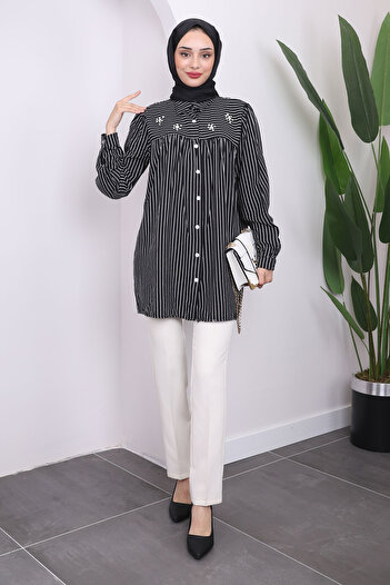 İmajButik Black Striped Tunic with Stone Detail