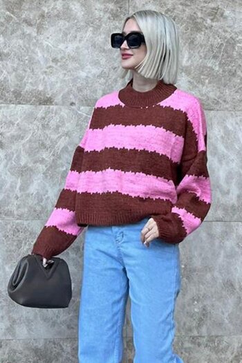 Madmext Pink Patterned Oversize Sweater Mg1205
