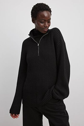 Madmext Black Zipper Collar Basic Sweater MG1960
