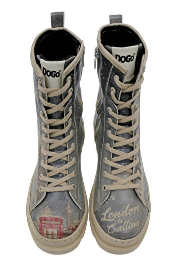 Dogo Women's Vegan Leather Gray Zippered Long Boots - London Is Calling Design