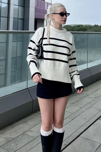 Madmext Bone Color Crew Neck Striped Color Sweater MG1958
