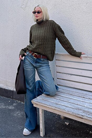 Madmext Turtleneck Green Women's Sweater - Textured, Mg2197