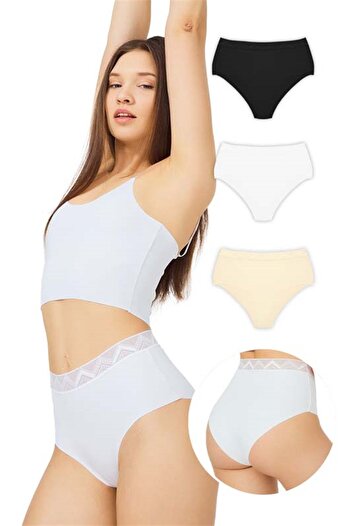 Cottonhill Chiloți de bikini de bază tăiați cu laser cu talie înaltă, pachet de 3 - 3