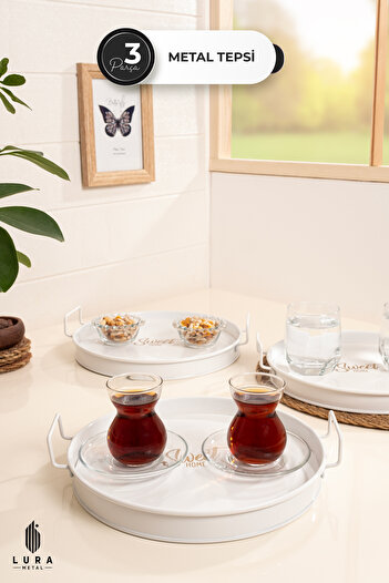 Skygo Set of 3 White Sweet Home Printed Metal Coffee and Tea Presentation Trays - 25 cm Elegant and Durable