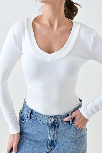 bayansepeti Lycra Stretchy Fabric Long Sleeve V Neck Long White Blouse 12972