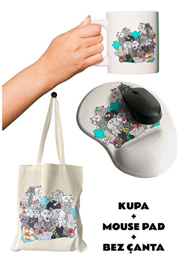 rakkun shop Мишка с подложка с котешко мотив + чаша с капак + памучна торбичка