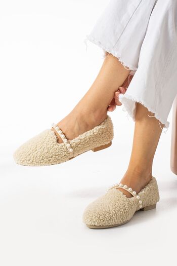 Moda Devrin Γυναικείες μπαλαρίνες Beige Wool Pearl - Χειμερινά και Υπαίθρια Παπούτσια