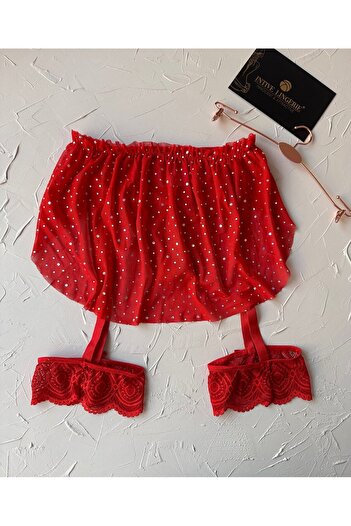 İntive Lingerie Intive Women's Red Transparent Sequin Garter Leg Accessory String Skirt Suit