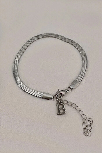 The Collection Unisex Tarnish Free Flat Italian Chain Silver Letter Steel Bracelet