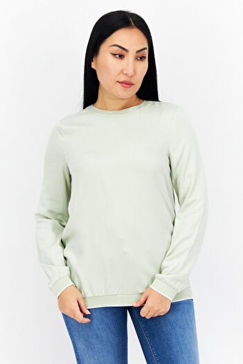 s.Oliver Women Crew Neck Long Sleeves Plain Blouse, Light Olive