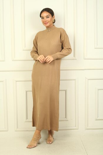 By Saygı Round Neck Collar Zipper Long Sleeve Knitwear Dress