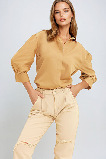 VAGGON Women's Camel Balloon Sleeve Hidden Placket Woven Shirt Prm0722