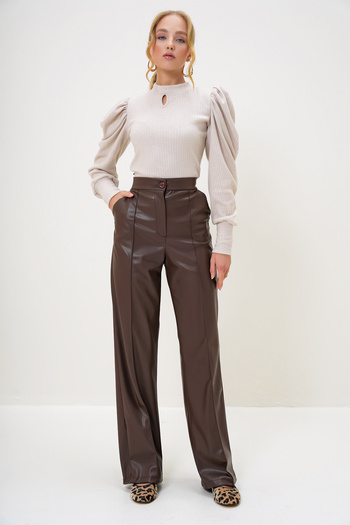 Trend Alaçatı Stili Women's Brown Front Stitching Double Pocket Faux Leather Palazzo Pants Alc-X9371