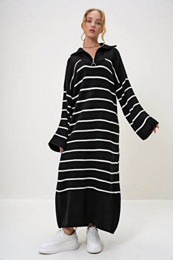 Trend Alaçatı Stili Kadın Siyah Balıkçı Yaka Yarım Fermuarlı Oversize Maxi Boy Elbise ALC-X12993