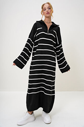 Trend Alaçatı Stili Kadın Siyah Balıkçı Yaka Yarım Fermuarlı Oversize Maxi Boy Elbise ALC-X12993