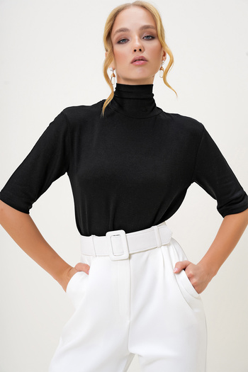 Trend Alaçatı Stili Schwarze Rollkragenpullover mit halben Ärmeln für Damen ALC-X13007