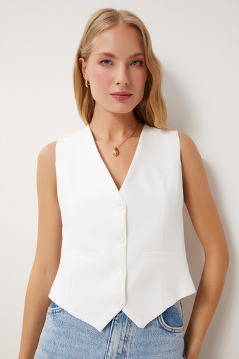 Happiness İstanbul Women's White Body-Fitting Short Woven Vest TO00048