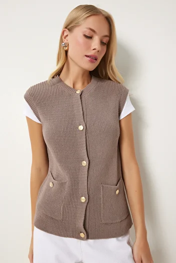 Happiness İstanbul Women's Mink Stylish Buttoned Pocket Knitwear Vest Us00948