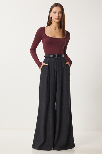 Happiness İstanbul Women's Anthracite Palazzo Woven Trousers Fn03423