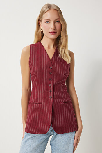 Happiness İstanbul Women's Burgundy Fleto Pocket Detailed Striped Woven Vest To00156