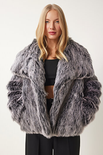 Happiness İstanbul Women's Gray Black Wide Collar Faux Fur Jacket Fn03431