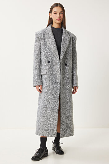 Happiness İstanbul Γκρι Premium Oversize Γυναικείο παλτό Boucle - FN03422