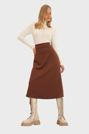 Trend Alaçatı Stili Brauner Damenrock mit hoher Taille und elastischer Taille in A-Form in Midi-Länge ALC-X11324