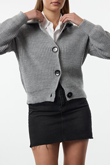 Edit by Trendyol Gray Button Detailed Turn-Down Collar Regular Knitwear Cardigan Tedaw25Hi00011