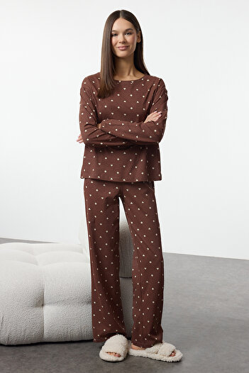 Trendyol Collection Polka Dot and Heart Knitted Pajamas Set - Brown, 100% Cotton Thmaw25Pt00039