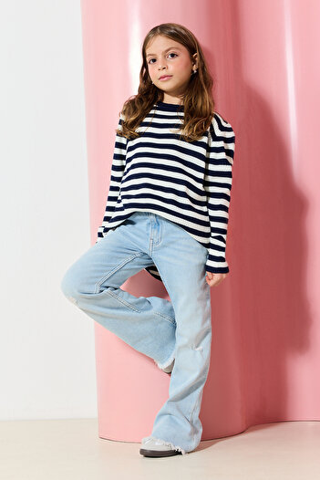 TRENDYOLKIDS Lacivert001 Пуловер для дівчинки в смужку Mini Me TKDAW25KZ00007