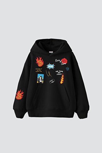 Sekizbiraltı Karma Cult Printed Oversize Unisex Premium Μαύρο κουκούλα