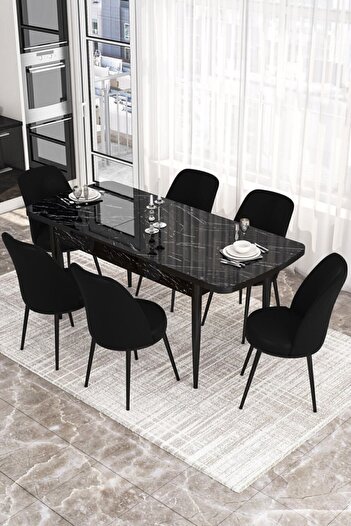 Canisa Concept Via Serisi 80x132 Açılabilir Mutfak Masası Takımı Siyah Mermer Desen Masa 6 Siyah Sandalye