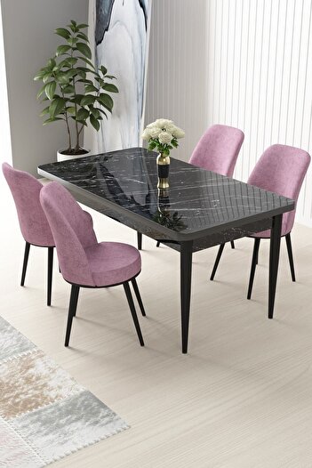 Canisa Concept Nil Serisi 70x110 Sabit Mutfak Masası Takımı Siyah Mermer Desen Masa 4 Pembe Sandalye