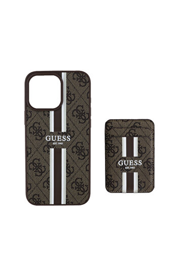 Guess iPhone 16 Pro Max Case Guess Licensed Magsafe Capable 4g Patterned Striped Card Holder Brown