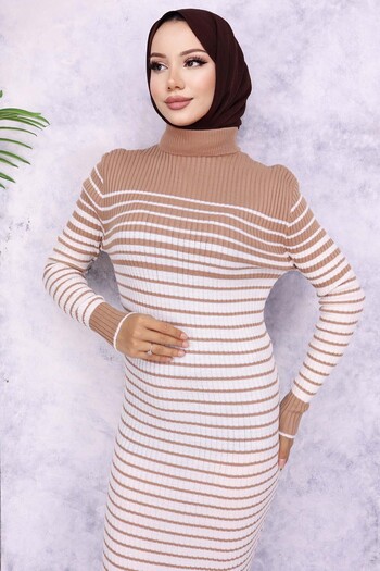 benguen 6143 Model Mink Turtleneck Striped Knitwear Dress