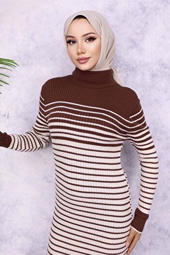 benguen 6143 Model Brown Turtleneck Striped Knitwear Dress