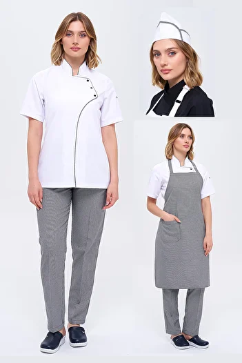 TIPTEKS Comfort Women's White Chef Jacket, Cap - Pkare Piping, Gingham Cook Pants and Apron Set of Four